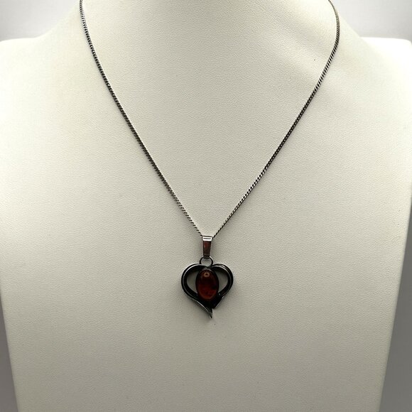 Vintage Baltic Amber Heart Pendant Necklace Sterling Silver 925 17” Chain - Picture 8 of 15